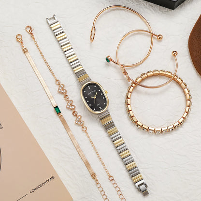 Elegant Two-Tone Watch & Jewelry Set - Oval Black Dial Watch, Crystal Stackable Bracelets & Emerald Accent Ring, Sophisticated L