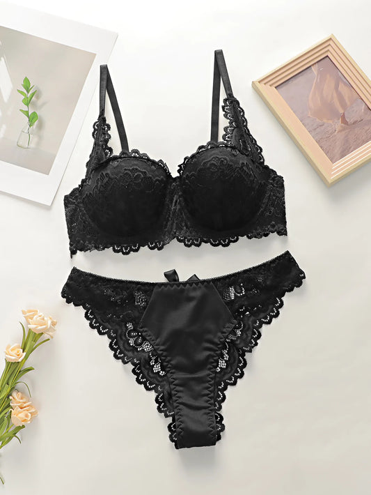 fashion Black bow lace thong set solid color daily 2-piece set sexy underwear set push up bra set B1111