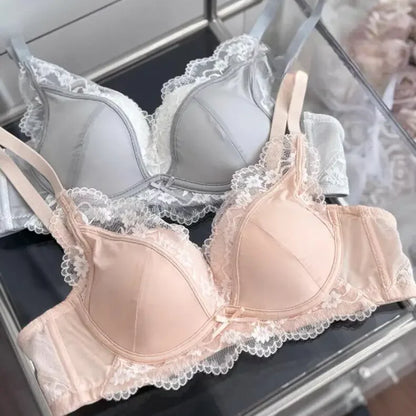 French Style Lace Satin Splice Bra Set Women Small Chest Gathered Lift Up Comfortable Soft Daily Underwear Lingerie Suit 32-38AB