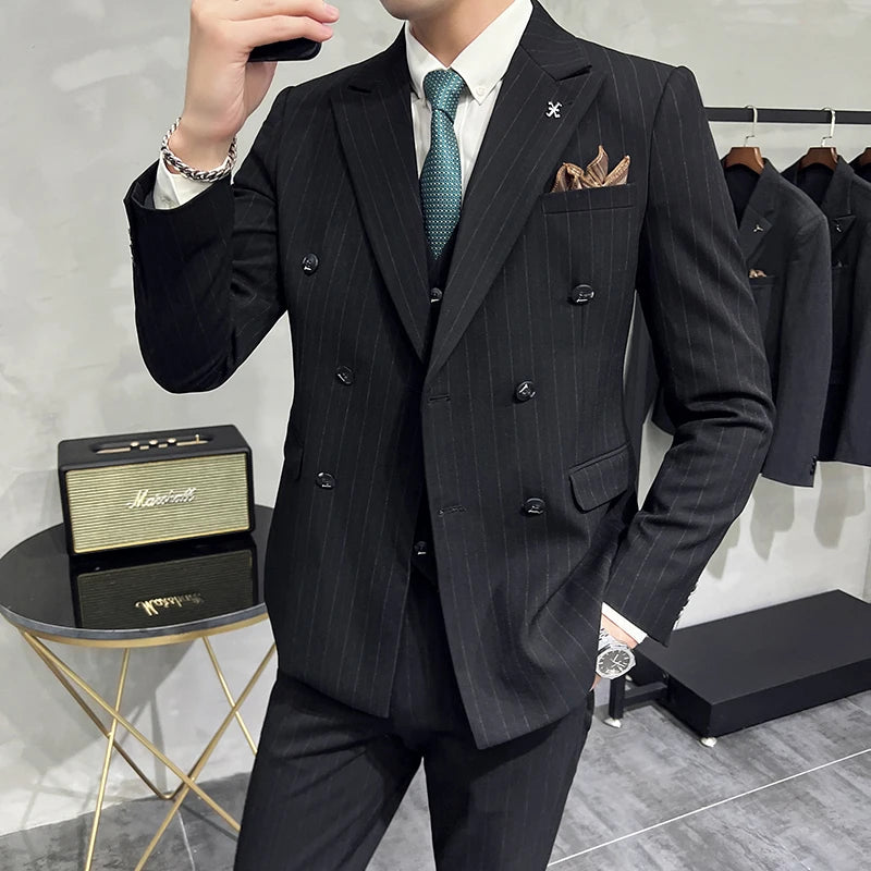 Slim Fit Double-breasted Striped Suit Vest Trousers 3-Piece Set Korean Fashion M-7XL Men's Fashionable Striped Three-piece Suit