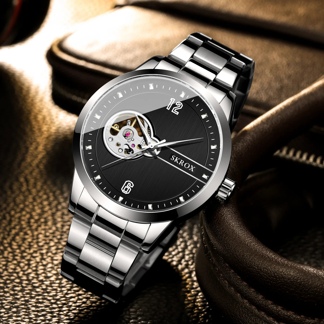SKROX Original Luxury Brand Waterproof Tourbillon Automatic Clock Steel Skeleton Mechanical Man Watch Business Male Wristwatches