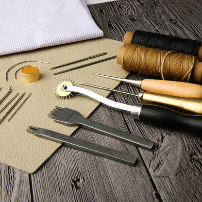 13 Pcs Leather Sewing Set Handbag Shoe Handmade Sewing Repair Kit with Awl Waxed Thread Stitching Needles Thimble for Home Leat