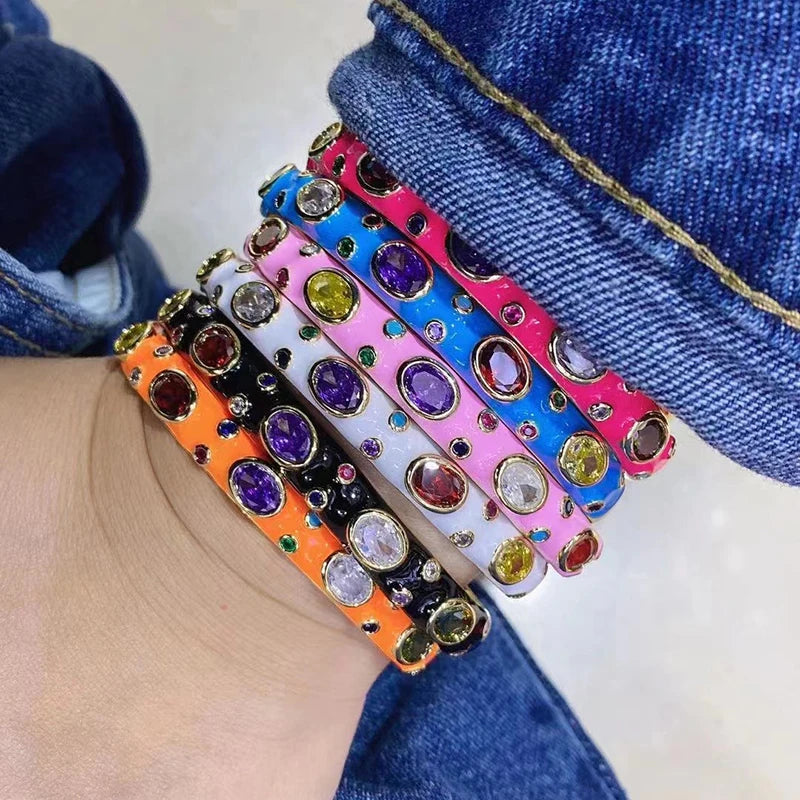 Fashionable Multicolor Gold Plated Gemstone Charm Bangle,Fine Colorful Enamel Open Adjustable Bracelet Jewelry Supply  Q35