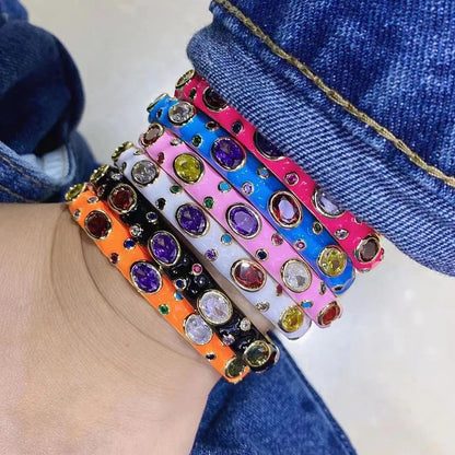 Fashionable Multicolor Gold Plated Gemstone Charm Bangle,Fine Colorful Enamel Open Adjustable Bracelet Jewelry Supply  Q35