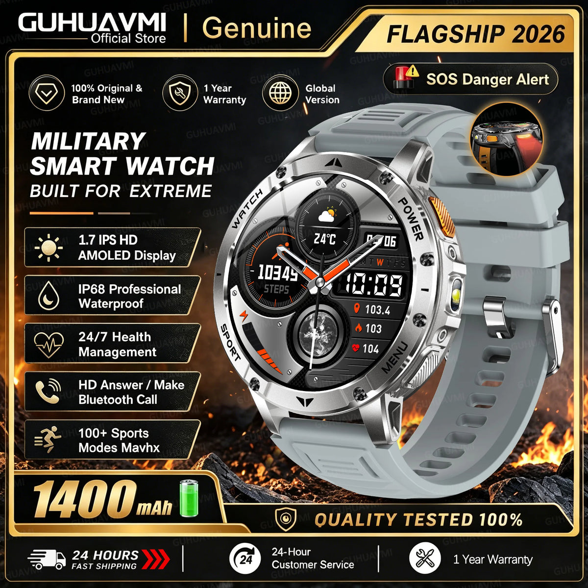 1400mAh Large Battery Military Smart Watch Men 1.7"HD Bluetooth Call 10ATM Waterproof LED Flash SOS Health Monitor Sport Watches