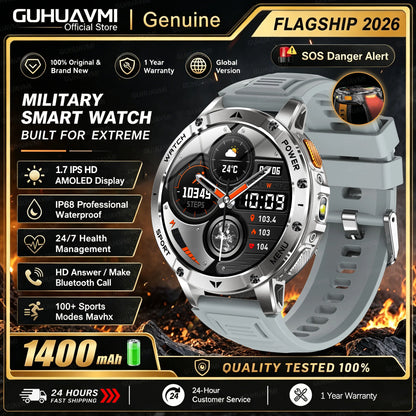 1400mAh Large Battery Military Smart Watch Men 1.7"HD Bluetooth Call 10ATM Waterproof LED Flash SOS Health Monitor Sport Watches
