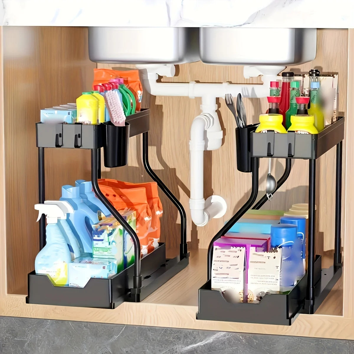 Under Sink Organizer Space Saving 2 Tier Pull Out Storage Box Durable Large Capacity Kitchen Bathroom Essential Drawer Organizer