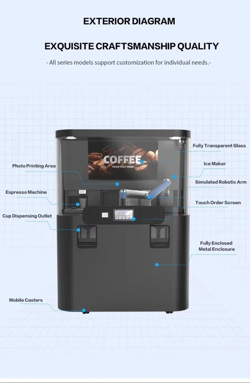 Custom AI Robotic Barista Coffee Machine, Smart AI Coffee Robot, Commercial Self Service Espresso Maker for Mall Hotel Cafe