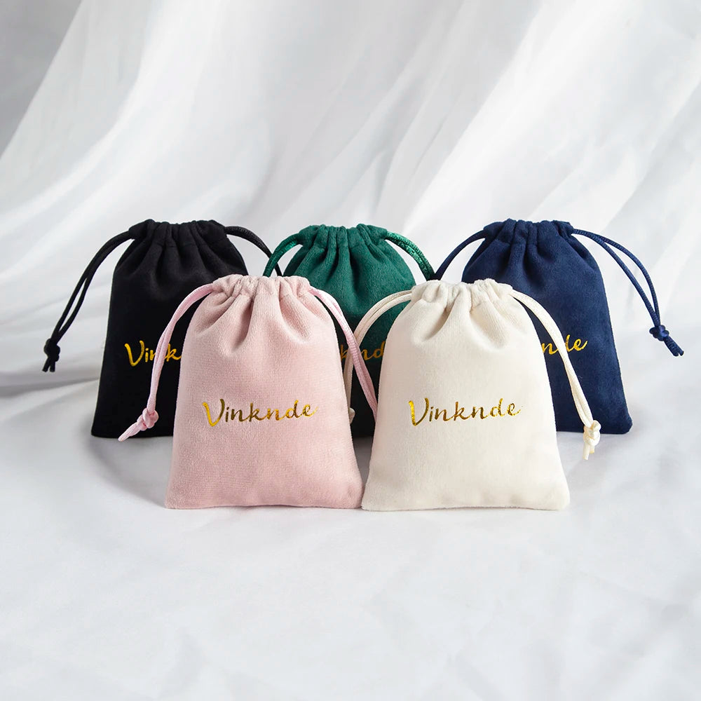 100pcs Custom Logo Jewelery Velvet Drawstring Bag Soft Champagne Velvet Suede Pouches Packaging for Wedding Party Gift Organizer