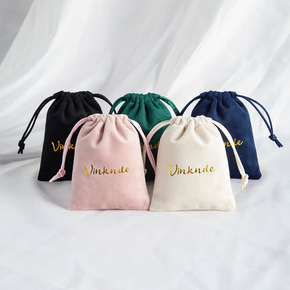 100pcs Custom Logo Jewelery Velvet Drawstring Bag Soft Champagne Velvet Suede Pouches Packaging for Wedding Party Gift Organizer