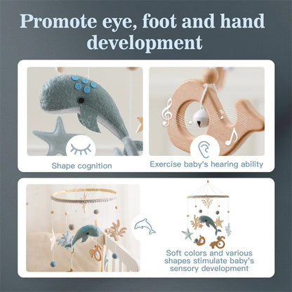 Baby Soft Felt Cartoon Wool Ball Seashell Rattles Hanging Bed Bell Newborn Mobile Crib Wooden Bracket Montessori Education Toys