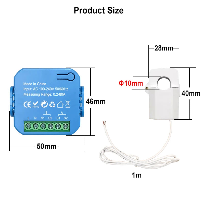 Smart ZigBee Energy Meter Bidirectional 1, 2 Channel with 80A Current Transformer Clamp App Monitor Power Need Gateway