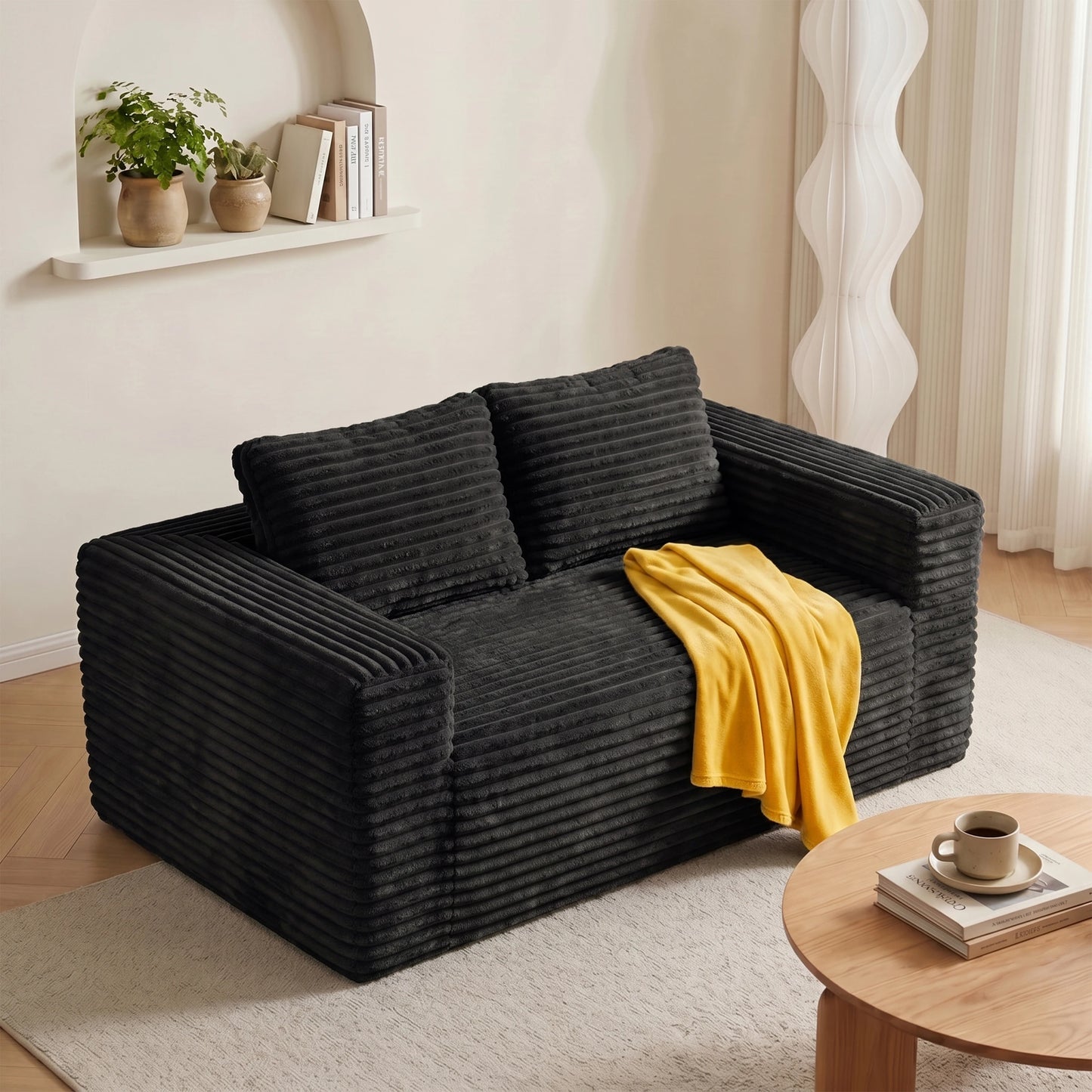 Boneless Deep Seat Loveseat No Assembly Needed Foam Base Sofa Soft Corduroy Fabric Apartment Bedroom Office Modern Living Room