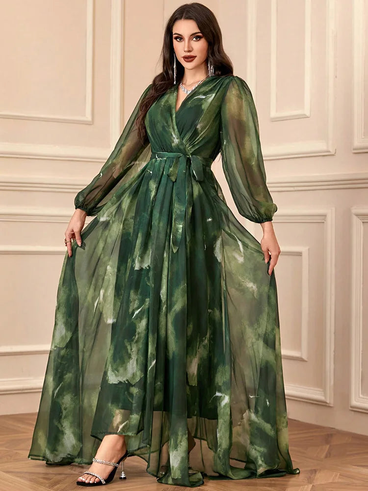 TOLEEN Women's V-Neck Cross Wrap Elegant Long Sleeve Random Print Summer Dress 2024 New Spring Casual Formal Party Maxi Dresses
