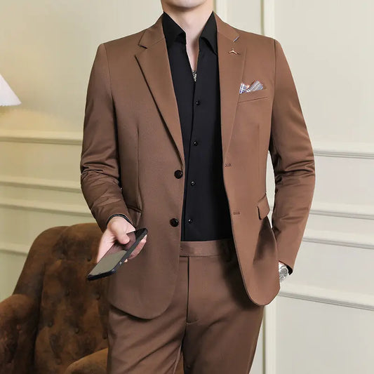 High quality Korean slim fit (suit + trousers) Fashion business handsome casual solid color wedding suit two-piece set