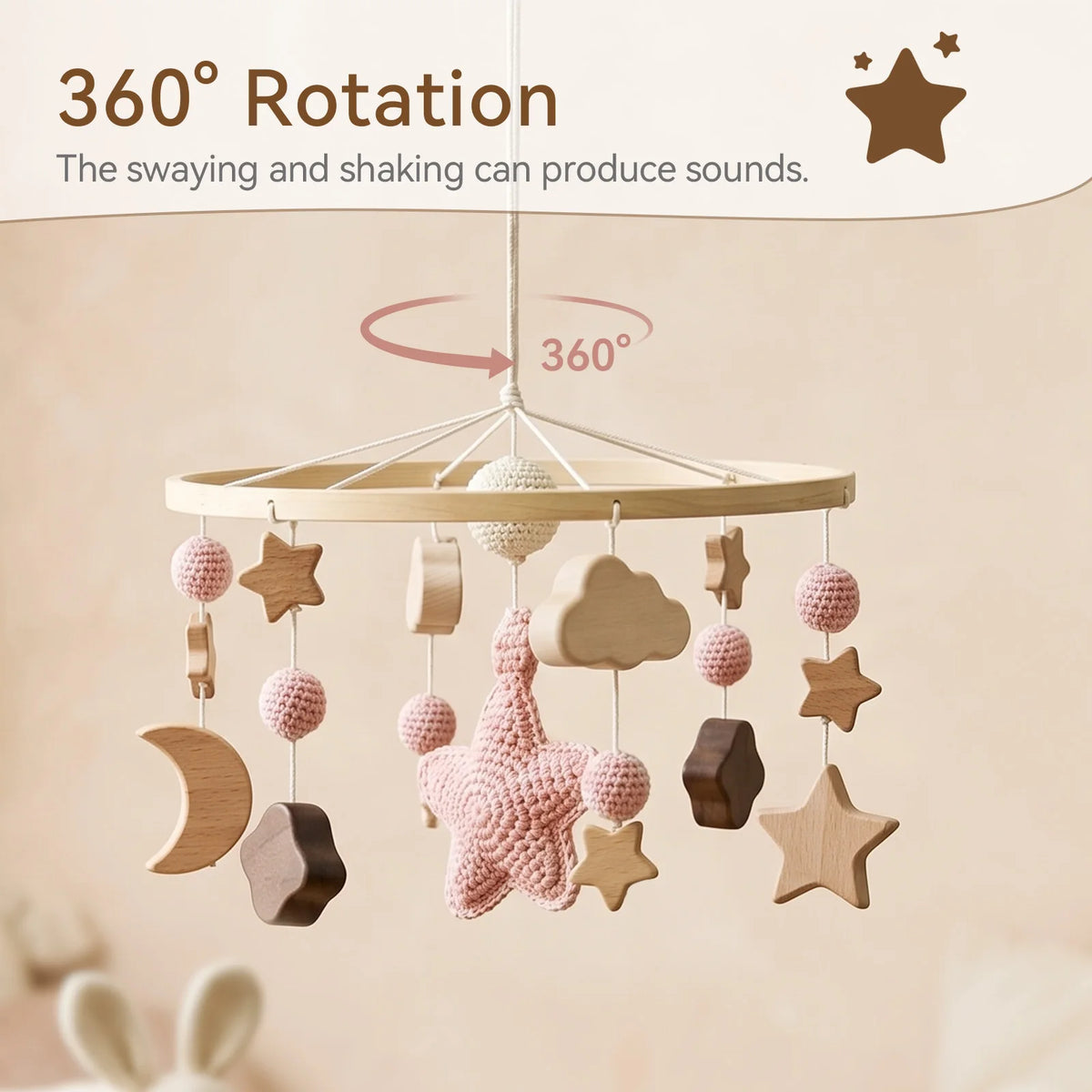 Pink Starry Sky Crib Mobile 360 Degree Rotation Baby Rattle Toys Wooden Stars Mobile Hanging Toys Baby Crescent Moon Bed Bell