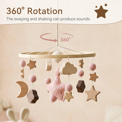 Pink Starry Sky Crib Mobile 360 Degree Rotation Baby Rattle Toys Wooden Stars Mobile Hanging Toys Baby Crescent Moon Bed Bell