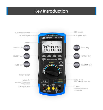 Multimetr cyfrowy HP-770D True RMS 40000 zliczeń z automatycznym wyborem zakresu i funkcją NCV, tester napięcia i prądu z testem temperatury