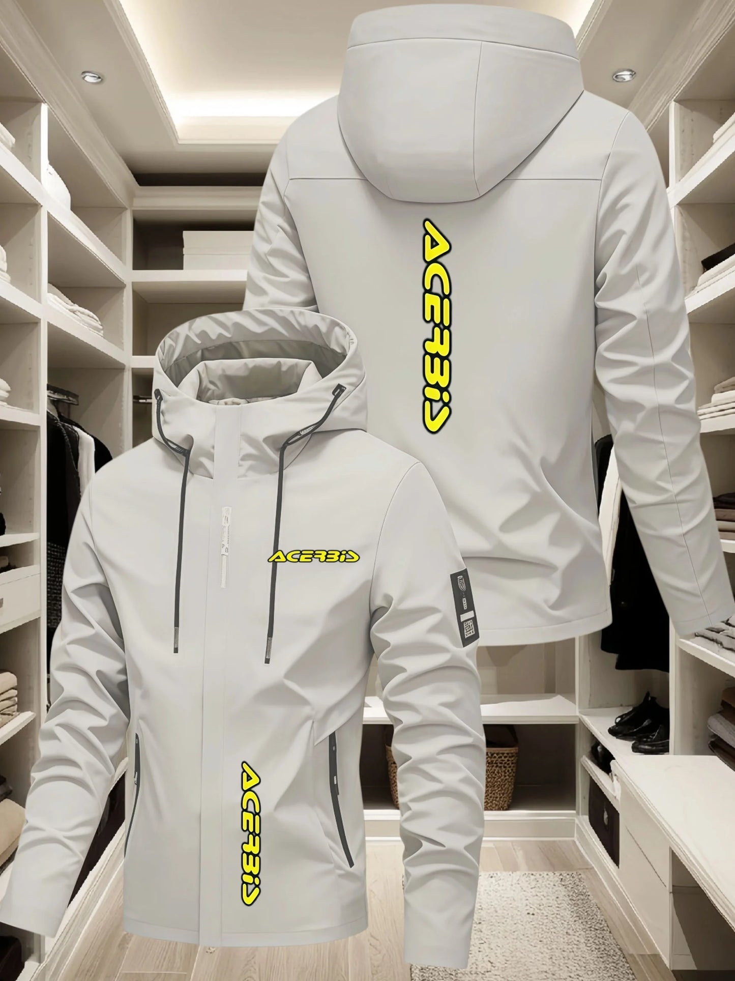 Men's Off-Road Motorcycle Style Hooded Jacket BIS Bright yellow logo print Windproof versatile casual functional jacket