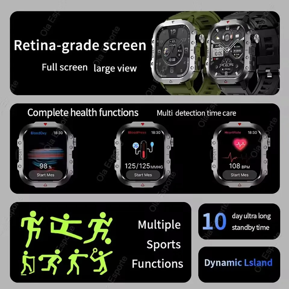 2025 New Military Smart Watch Men Waterproof Outdoor Sports Fitness Tracker Health Monitor 2.19" BT Call Smartwatch HT30