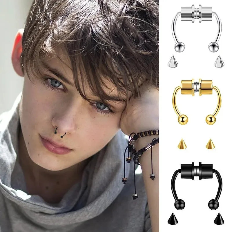 2025 Trendy Piercing Free Magnetic Nose Ring Stainless Steel Horseshoe Non Pierced Goth Punk Fake Hoop Clip on Jewelry Gift
