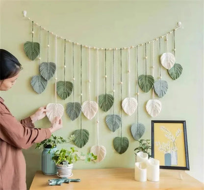 Handmade Woven Leaf Macrame Hanging Ornament Bohemian Cotton Rope Woven Walls Hanging Decoration For Bedroom Living Room Wall