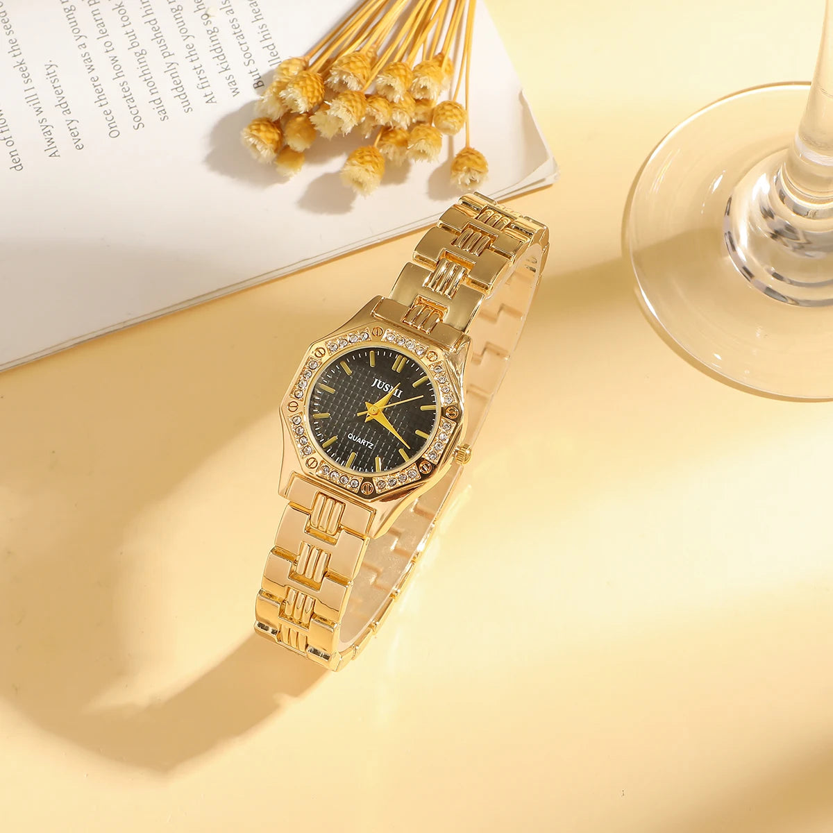 Fashionable Diamond Line Scale Octagon Case Round Dial Steel Band Women's Quartz Watch Set for Holiday Day Gift