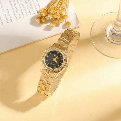 Fashionable Diamond Line Scale Octagon Case Round Dial Steel Band Women's Quartz Watch Set for Holiday Day Gift