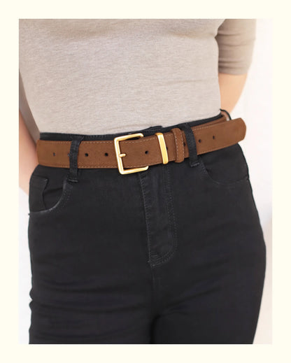 Luxury Suede Cowhide Leather Belt for Women, Vintage Style with Gold Buckle, 3.3cm Wide Waistband for Dresses & Jeans