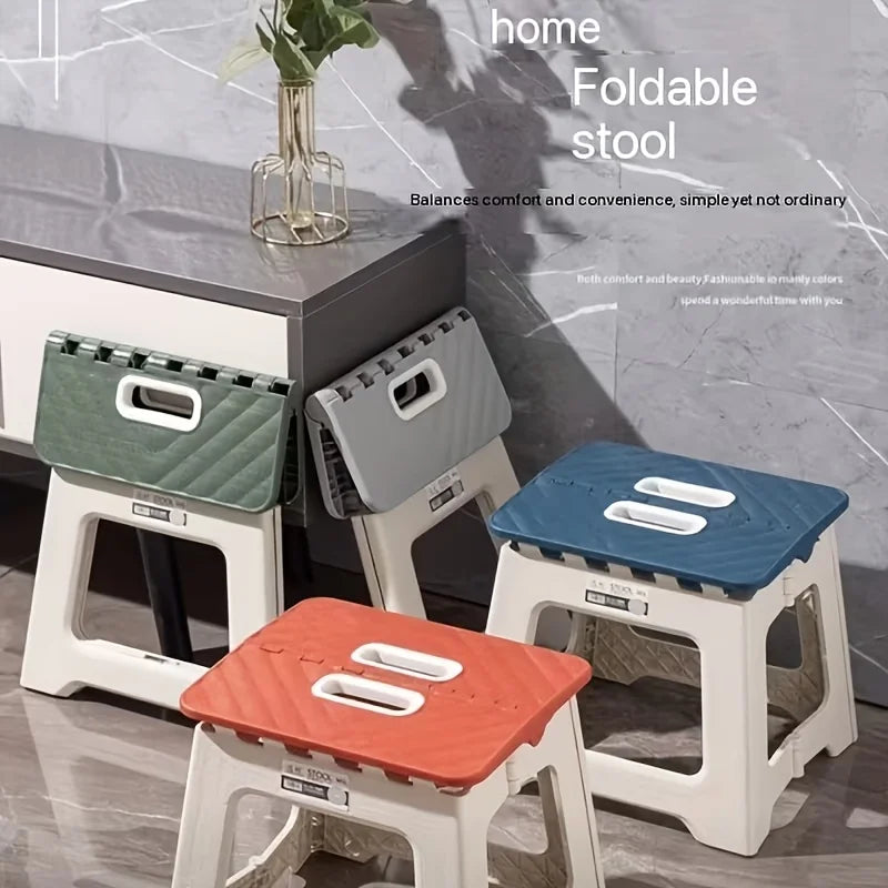 Portable Folding Footstool Stool - Lightweight Sturdy Plastic Square Step Stool with Anti-Slip Base & Handle, Compact Design