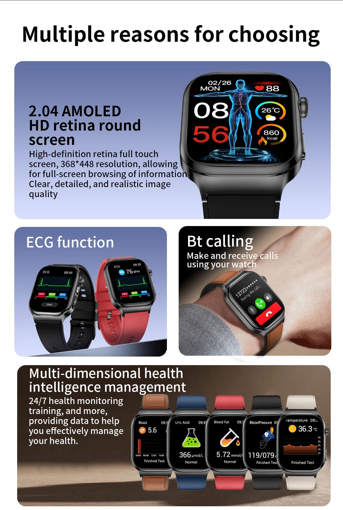 New Blood Lipids Uric Acid Blood pressure Smart Watch Men ECG+PPG Fitness Tracker Clock Heart Rate Bluetooth call Smart watches