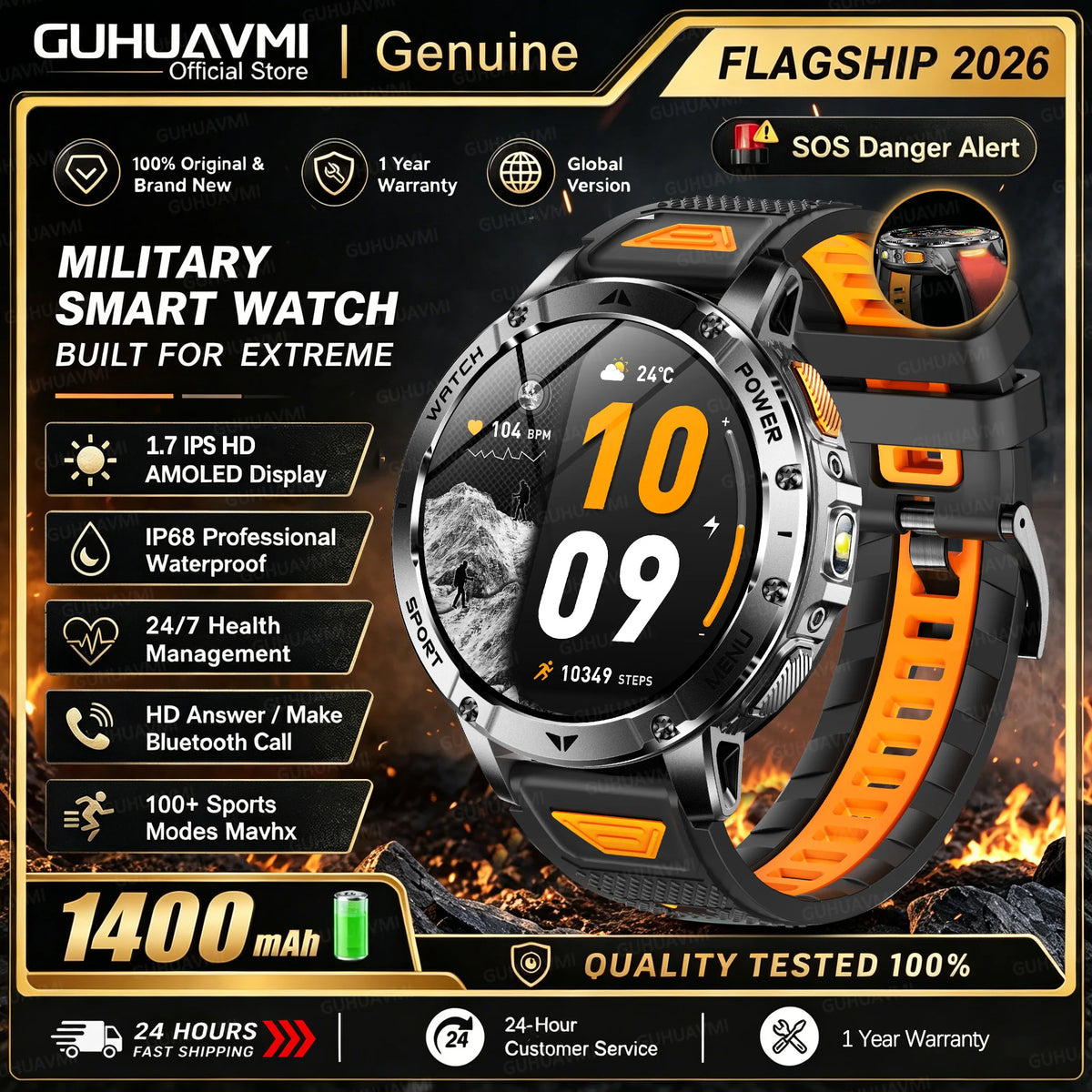 1400mAh Large Battery Military Smart Watch Men 1.7"HD Bluetooth Call 10ATM Waterproof LED Flash SOS Health Monitor Sport Watches