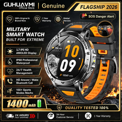 1400mAh Large Battery Military Smart Watch Men 1.7"HD Bluetooth Call 10ATM Waterproof LED Flash SOS Health Monitor Sport Watches