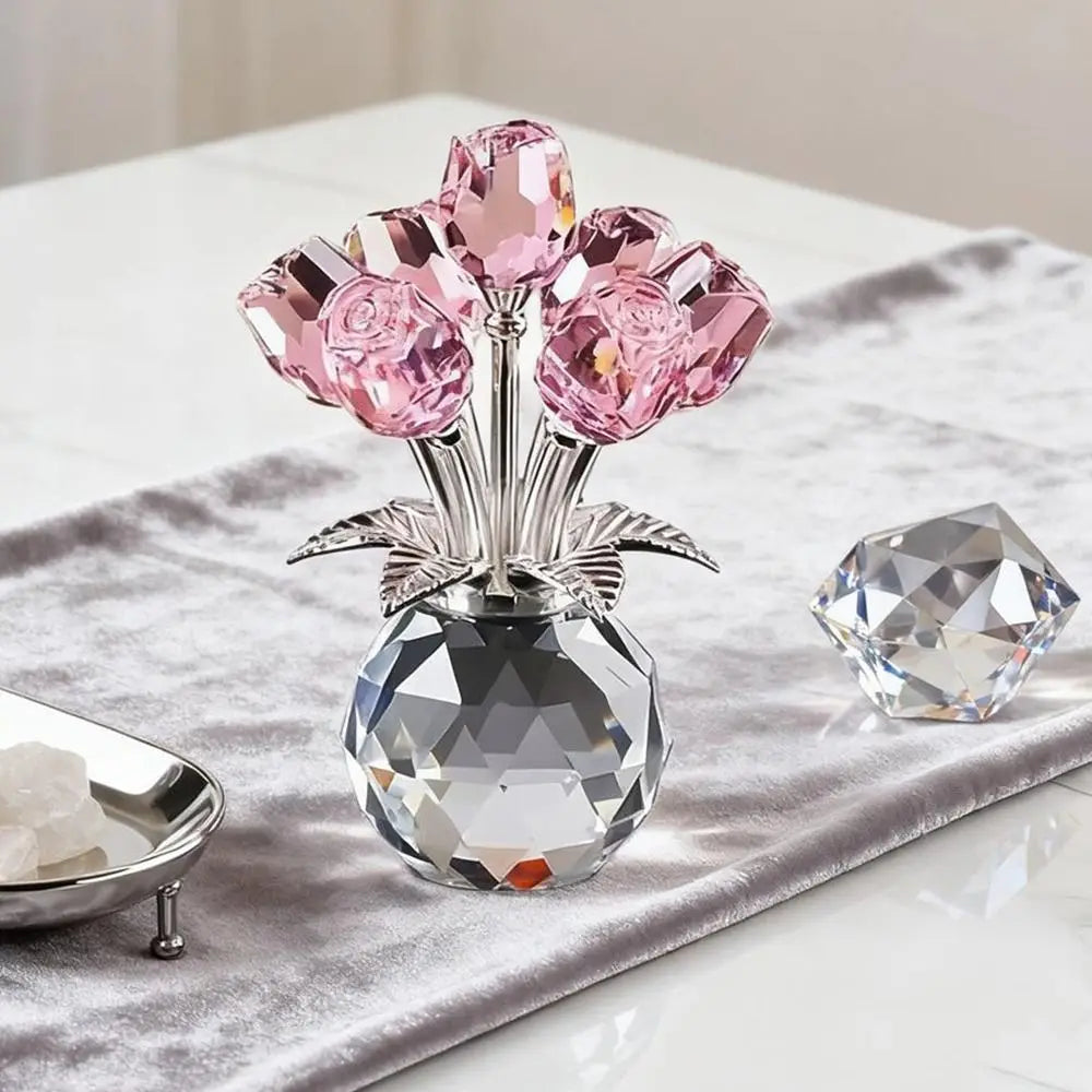 Creative Crystal Rose Sculpture Reflect Colorful Rose Bouquet Ornaments Small Handmade Crystal Rose Bundle Mother's Day