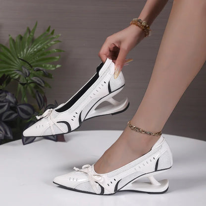 Women's Designer Dress Shoes Special Heel Spliced Heels Pointed Toe High Heels Shallow Mouth Bow Non-Slip Mary Jane Single Shoes