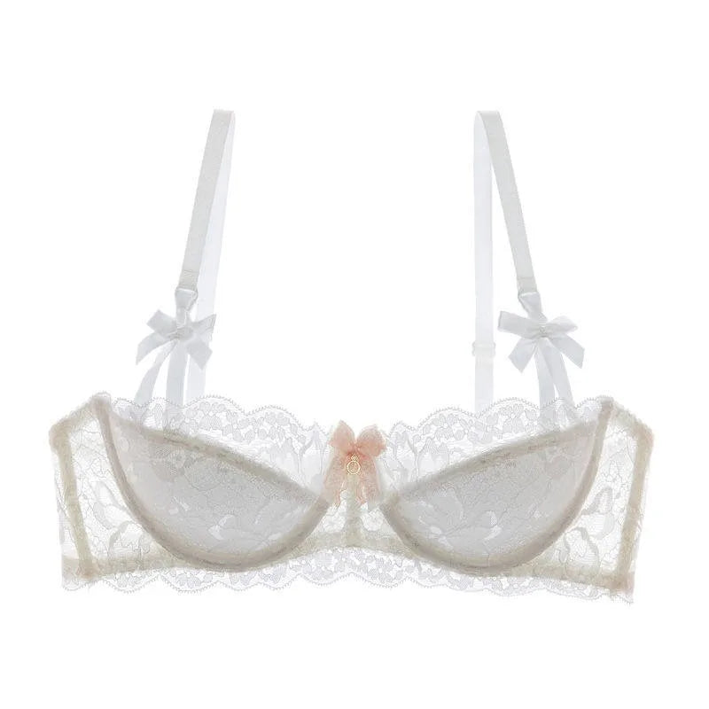 French Pure Passion Bow Shaped Shoulder Strap Lace Sexy Half Cup Push Up Bra Set Women's Thin Lingerie Big Breast Small Cup S-XL