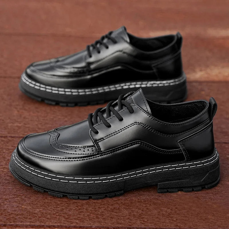 Men Brogue Platform Leather Oxford Shoes Lace Up Thick Sole Business Casual Formal Dress Footwear Black