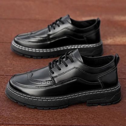 Men Brogue Platform Leather Oxford Shoes Lace Up Thick Sole Business Casual Formal Dress Footwear Black