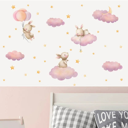 Cartoon Cute Rabbit Balloon Animal Wall Stickers Removable for Kids Room Living Room Nursery Background Decoration Wall Decals