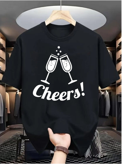 Summer Male Casual White T Shirt Minimalist Cheers Clinking Champagne Cups Print Soft Cotton Short Sleeve Celebration Top