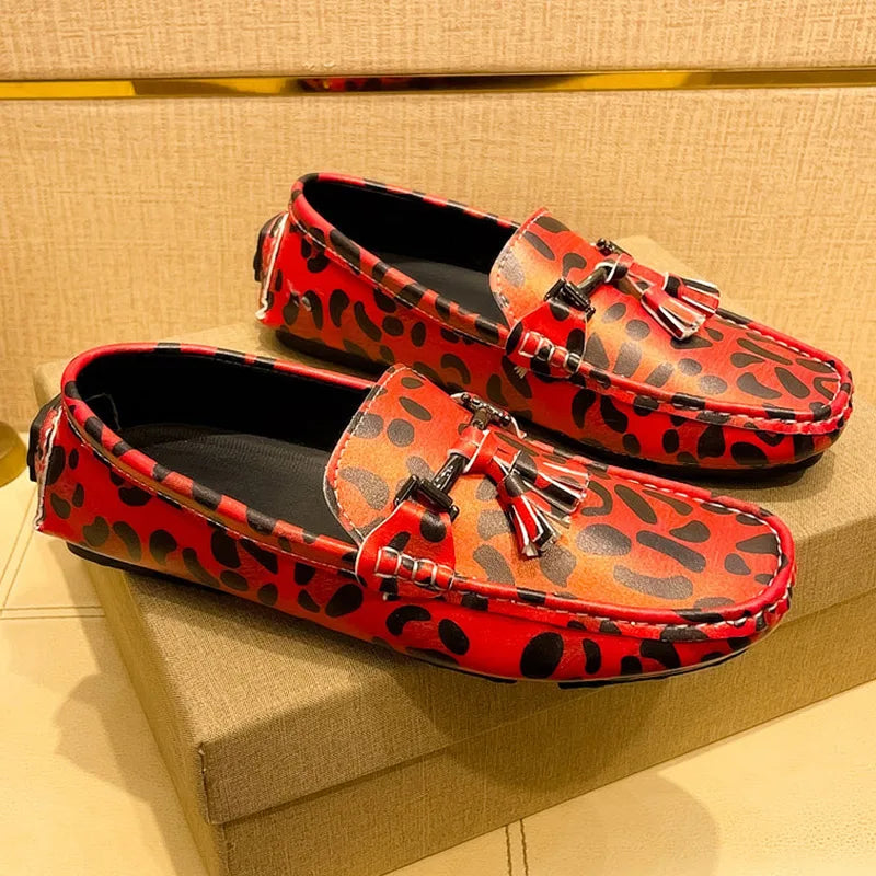 Fashion Red Leopard Leather Casual Shoes Man Designer Tassels Loafers Men Comfortable Slip-on Men's Driving Shoes  Leopard