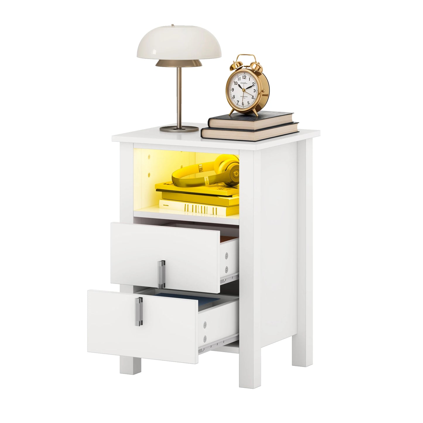 YITAHOME 2 - Piece LED White Bedside Table Set - 2 - Drawer Nightstands with LED Lighting for Bedroom and Living Room