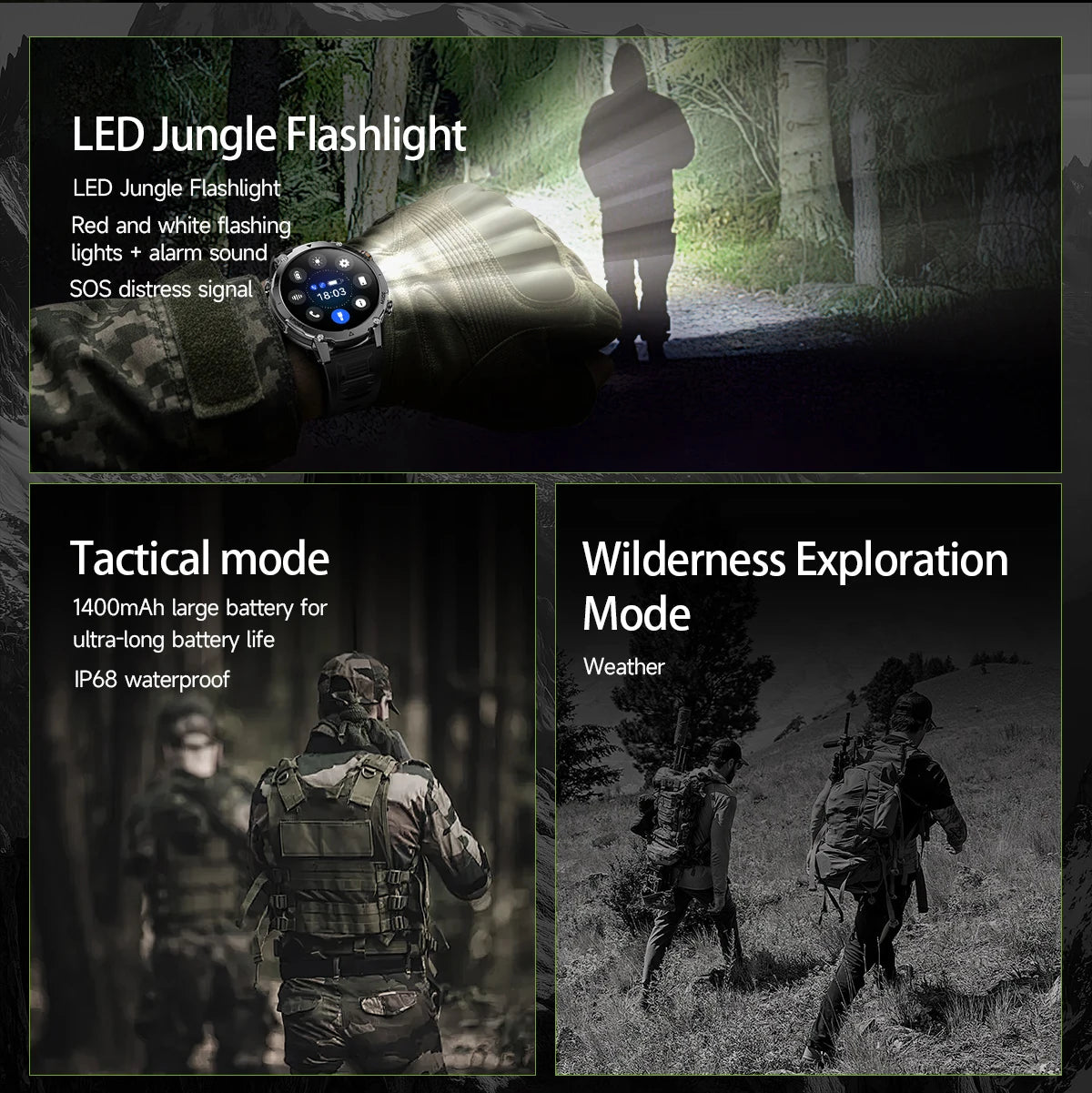 Smartwatch LIGE 2026 wojskowy, bateria 1400mAh, dla mężczyzn, latarka zewnętrzna, wodoodporność IP68, pulsometr, połączenia Bluetooth, bransoletka sportowa