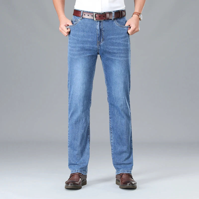 2026 Summer Brand Business Casual Men's Straight Denim Softener Lightweight Jeans Classic Embroidered Cotton Stretch Thin Pants