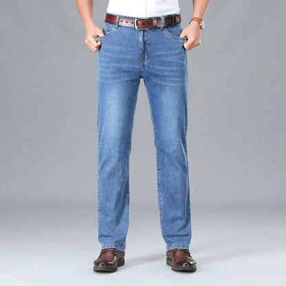 2026 Summer Brand Business Casual Men's Straight Denim Softener Lightweight Jeans Classic Embroidered Cotton Stretch Thin Pants