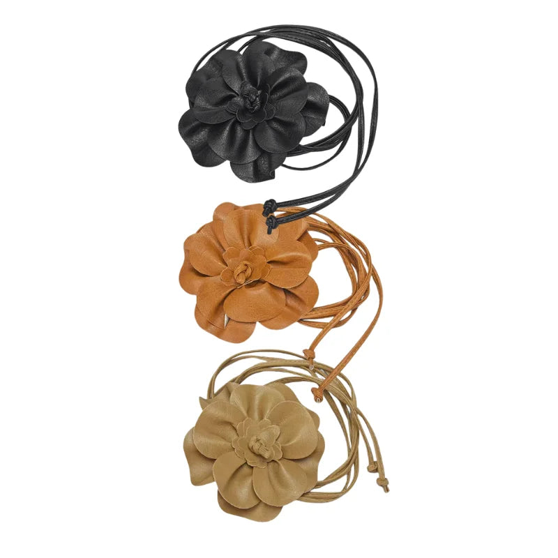 Bohemian PU Leather Waist Belt - Large Flower Tie Wrap Sash with Bow for Dress Decoration