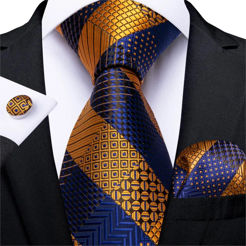 Fashion Men Tie Luxury Gold Black Dot Striped Paisley Silk Wedding Tie For Men DiBanGu Designer Hanky Cufflinks Gift Tie Set