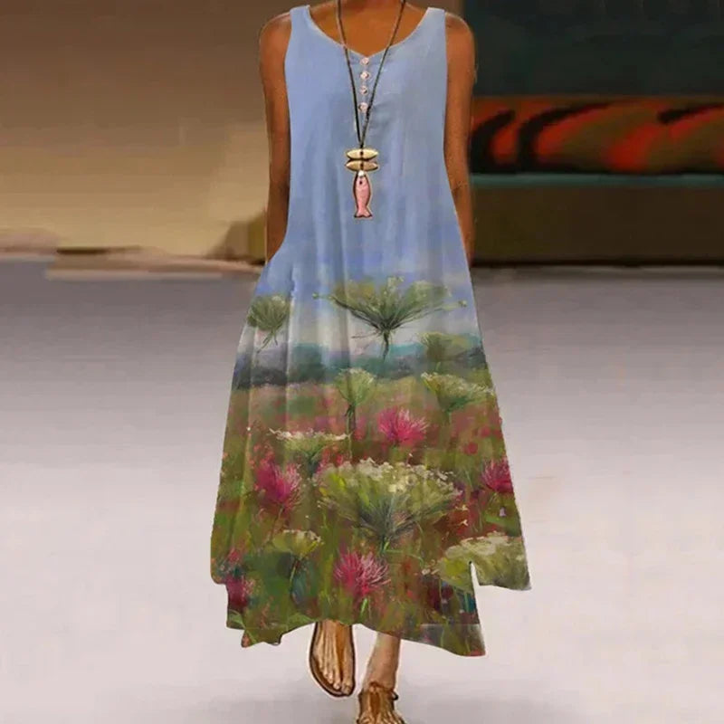 New Women's Fashion Casual Printed Dandelion Sleeveless Dress Summer Casual Printed Long Dress
