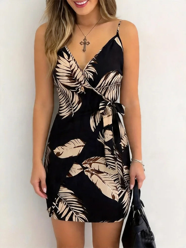 Women's Floral Print Spaghetti Strap Mini Dress Casual Tie-Front Detail Comfortable Fit Mini Dress for Casual Wear Women's Summe