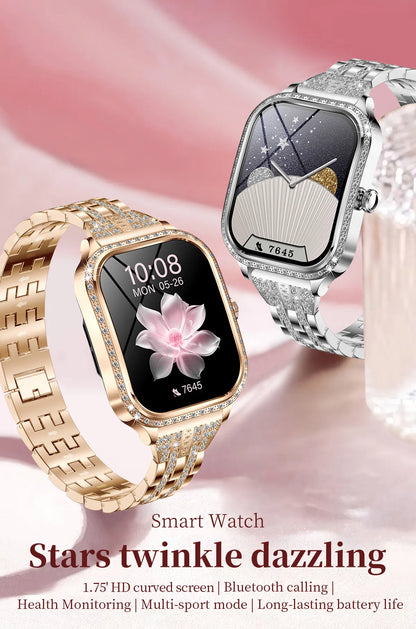 LIGE Fashion Design Women Smart Watch 1.75" Curved Screen Smartwatch Bluetooth Call Clock IP68 Waterproof Diamond Case Bracelet